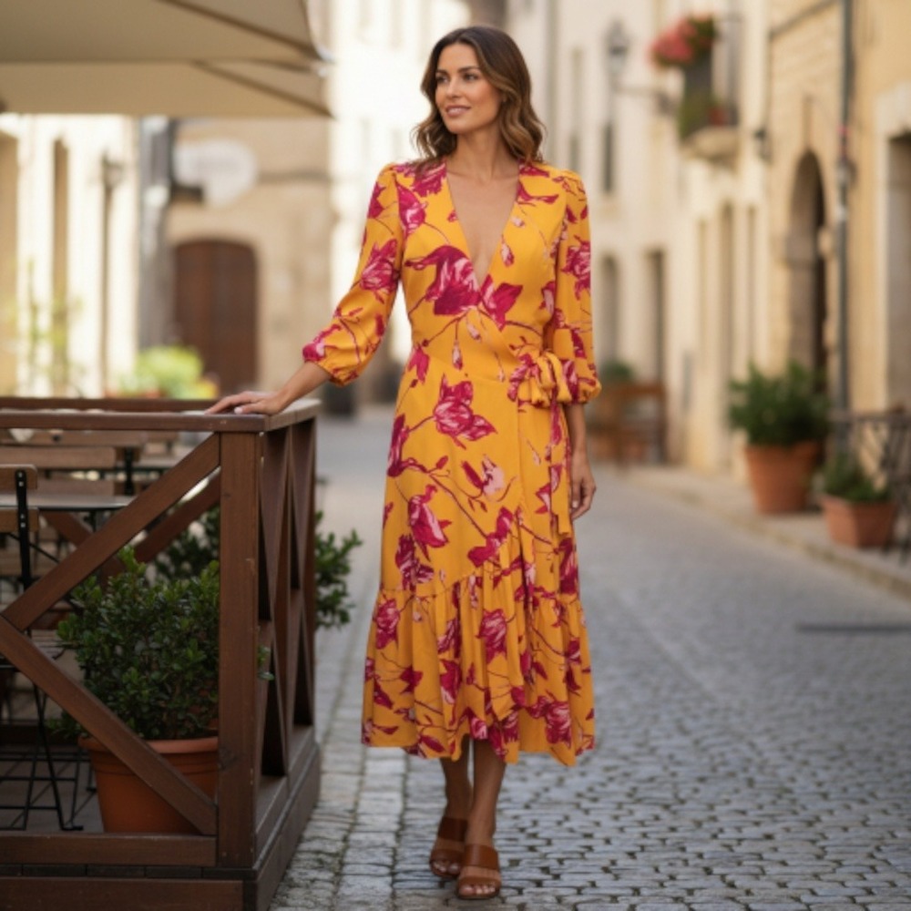 Color Me Courtney Eleanor Wrap Dress Size XS Orange Pink Floral Maxi‎ Tie Belt